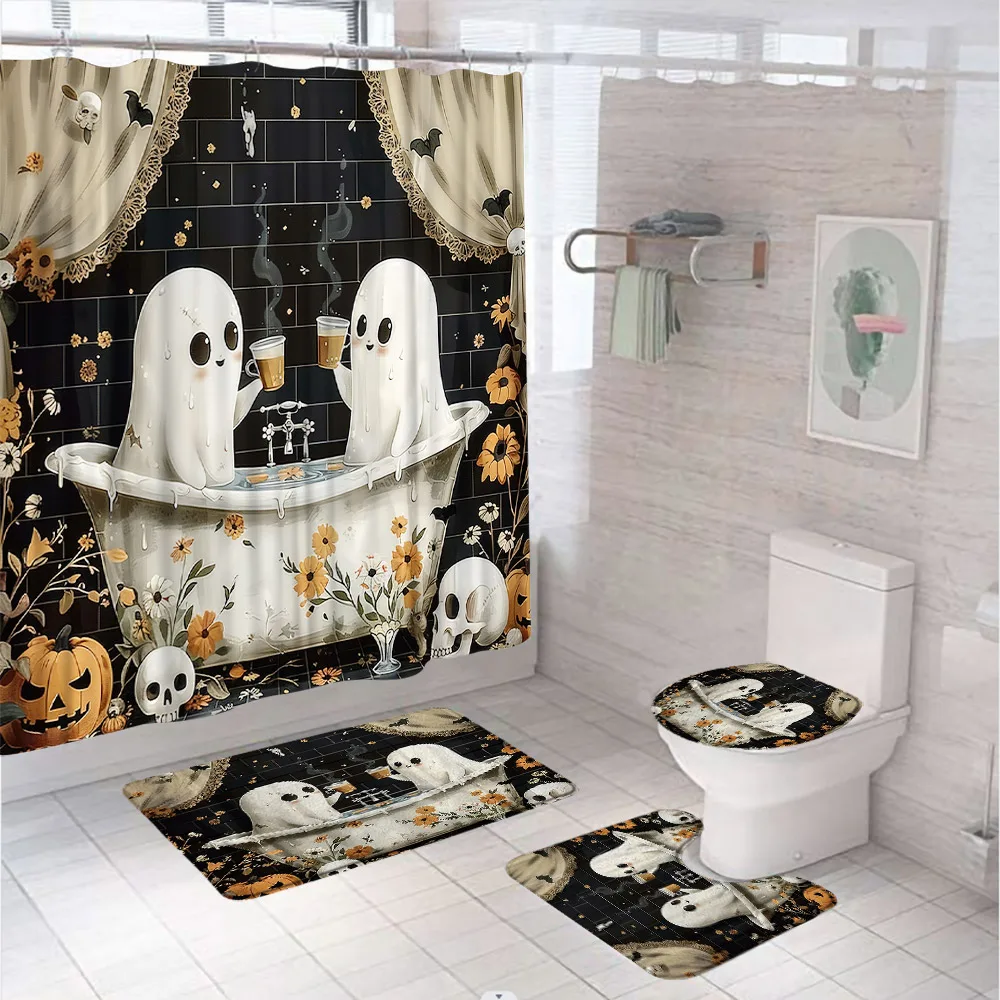 Funny Ghost Shower Curtain Set Halloween Skull Bat Flower Pumpkin Bath Screen Bathroom Mat Non Slip Rug Carpet Toilet Cover Home