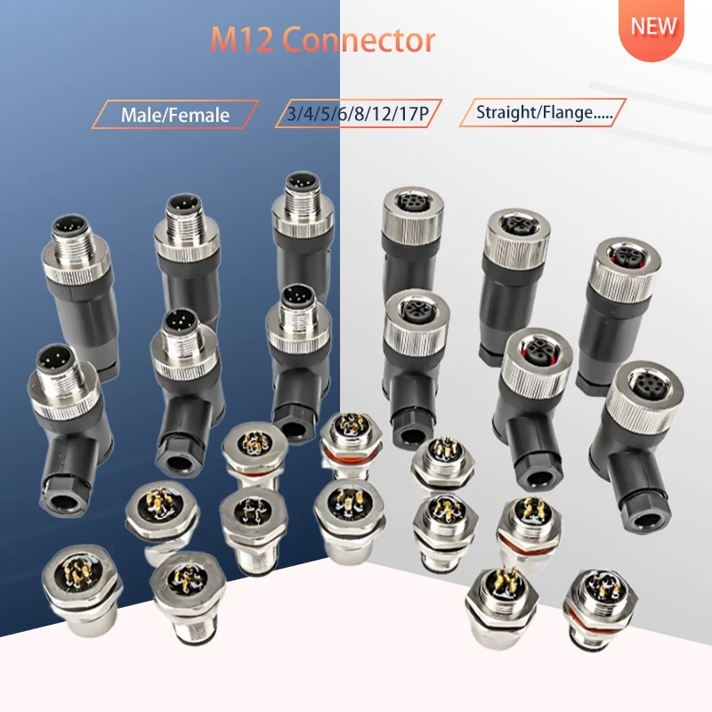 

M12 Sensor Connector 3/4/5/6/8/12/17 Pin Male&Female Waterproof Aviation Plug Shielded Flange PCB High Quality IP67