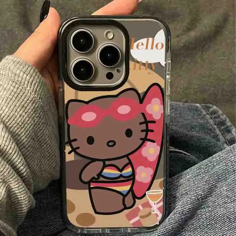 Sanrio Hello Kitty Black Surf Riding Phone Case For iPhone 15 14 13 12 11 Pro Max 7 8 Plus XR XS MAX MINI Y2K Cute Back Cover