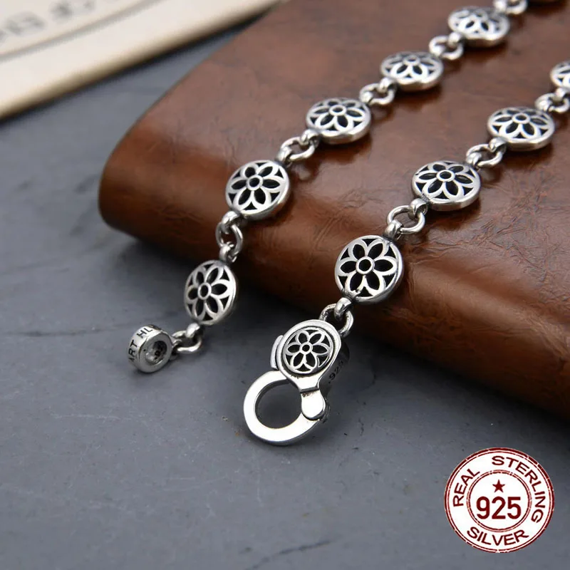 S925 sterling silver necklace  Fashionable and trendy brand sweater chain, cherry blossom hollowed out round brand collarbone