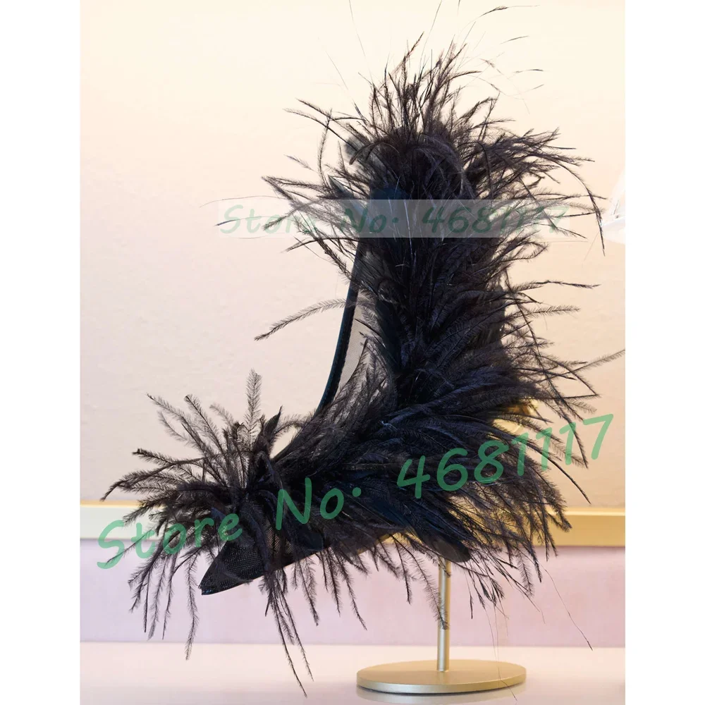 Elegant Real Feather Pointed Toe Pumps Women Luxury Furry Satin High Heels Shoes Ladies Flowing Fur Feminine Party Dress Shoes