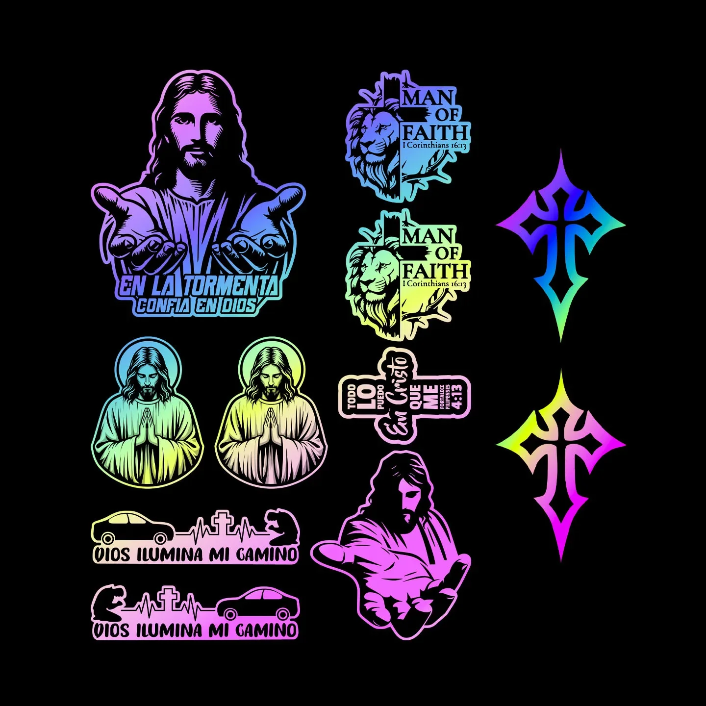 Holographic Jesus Car Decal Waterproof Vinyl Sticker Religious Rainbow Laser Design for Motorcycle Bike Scooter Helmet Fuel Tank