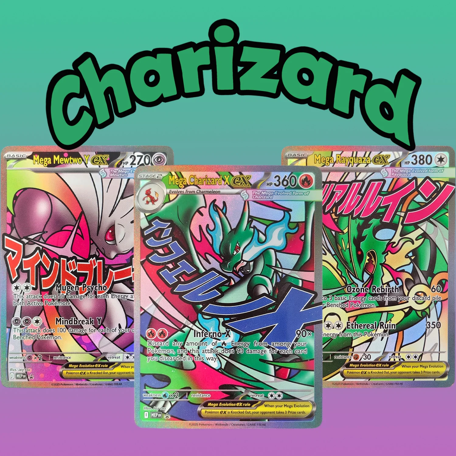 Selbstgemachte Version Pokemon Englischer Comic-Stil Mega Charizard X Mewtwo Y Rayquaza Benutzerdefinierte Kunst-Sammelkarten Spielzeug