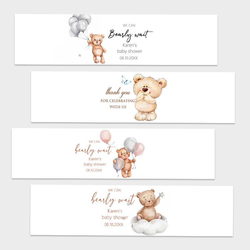 30pcs Cute Bear Water Bottle Wraps Sticker Custom Labels Baptism Baby Shower Birthday Party Personalized Decor Stickers Supplies