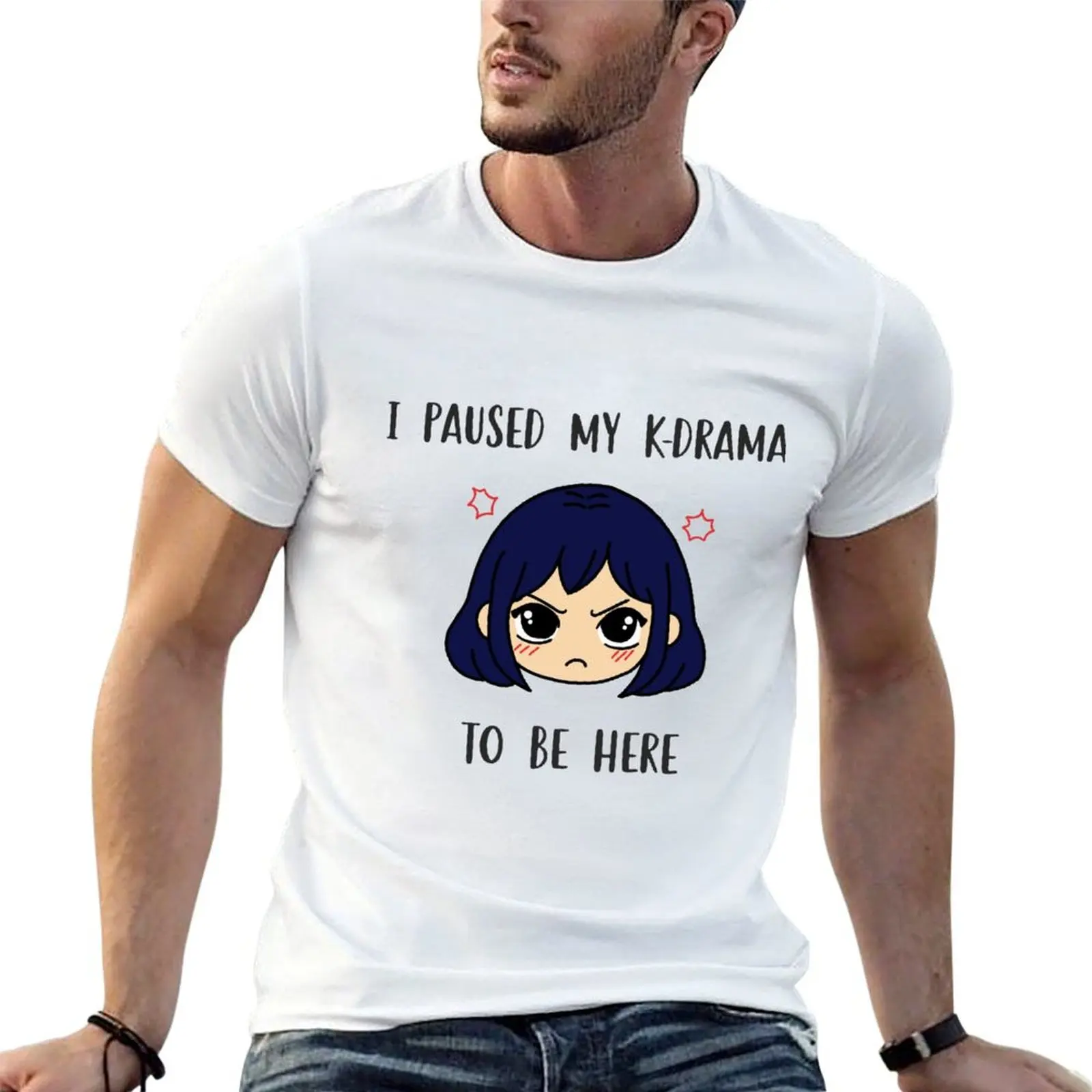 I paused my k-drama to be here k-drama sticker dark blue T-Shirt Holiday All Match T-Shirt