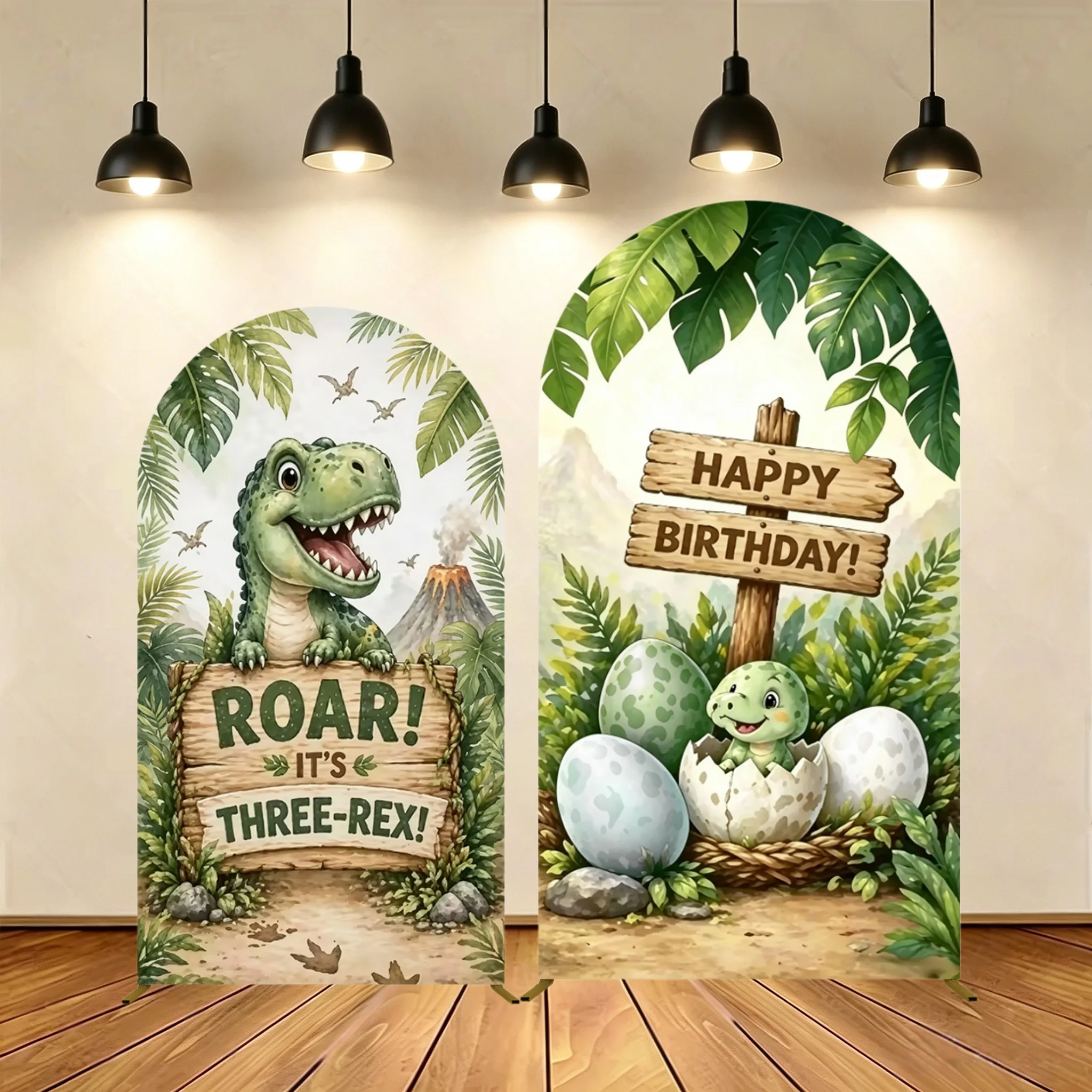Dessert Table Backdrop - ฉากหลังธีมไดโนเสาร์ ยี่เล่ สำหรับตกแต่งโต๊ะเค้กและขนมหวาน ฉากหลังป่าดงดิบ รูปแบบไดโนเสาร์ทีเร็กซ์ สำหรับงานวันเกิด