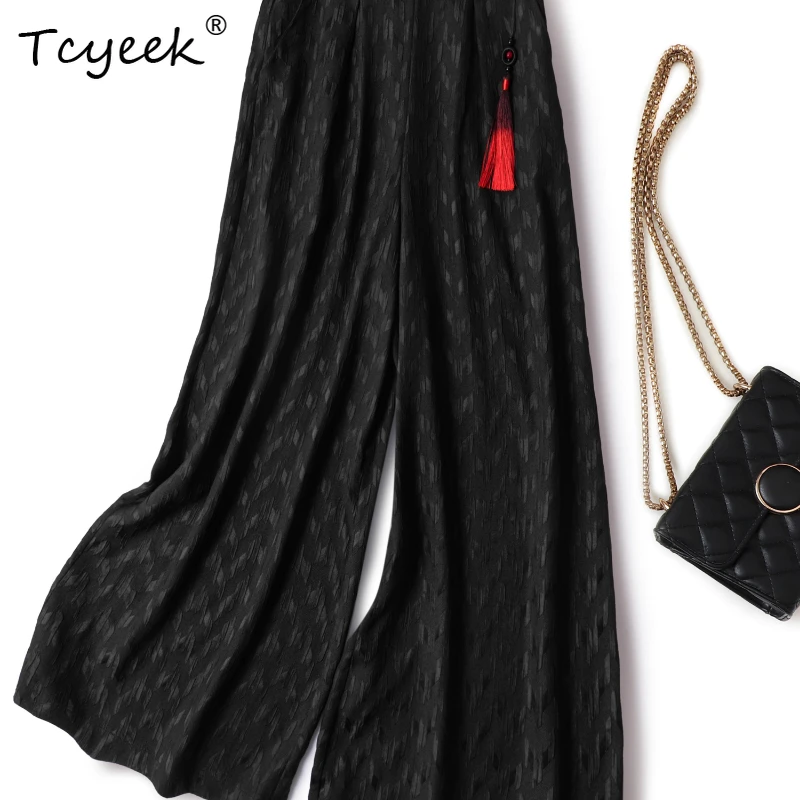 

Tcyeek 93% Mulberry 7% Spandex Summer Wide Pants Thin and High Waist Thousand Bird Grid Long Women' S Pants Брюки Женские Летние