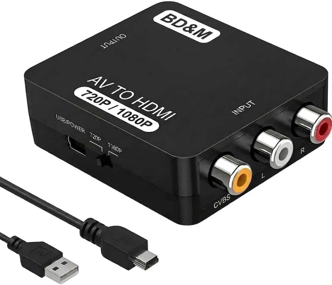 RCA to HDMI Converter, AV to HDMI Adapter Supports PAL/NTSC for PS2, PS3, Xbox, VHS, VCR, DVD Players