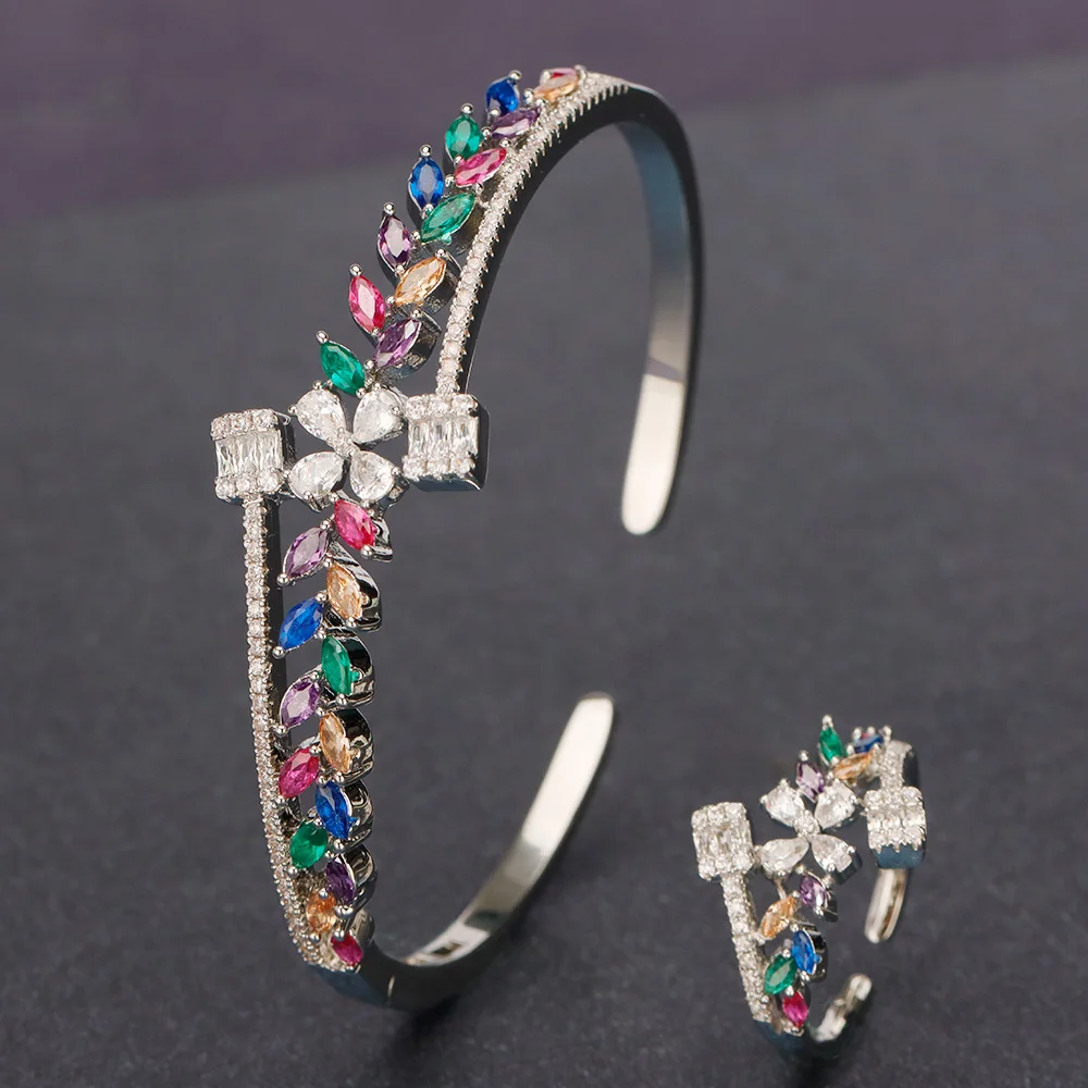 2023 New Design Luxury Colorful Zircon CZ Jewelry Set AAA Cubic Zircon Dubai Bracelet Bracelet Ring Set Crystal Women's Wedding