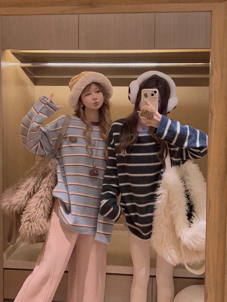 

Yukiss KT Color Blo Thiened Long Sve Women's T-irt Winter Korean Sle Loose Slimming Versatile Base irt