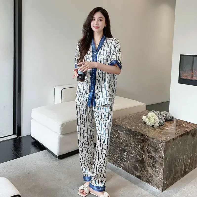 2025 New Pijamas Women Ice Silk Pajamas Women's Summer Short Sleeves and Trousers Sleepwear Fashion Plue Size