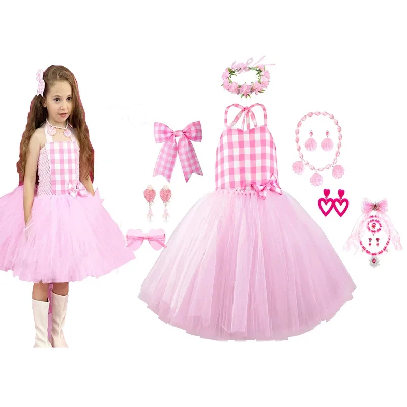 

l2025l New Cosplay Little Girls Pink Plaid Tulle Cosplay Costume Girls Birthday Party Dress Little Girls Fancy Halloween Dress U