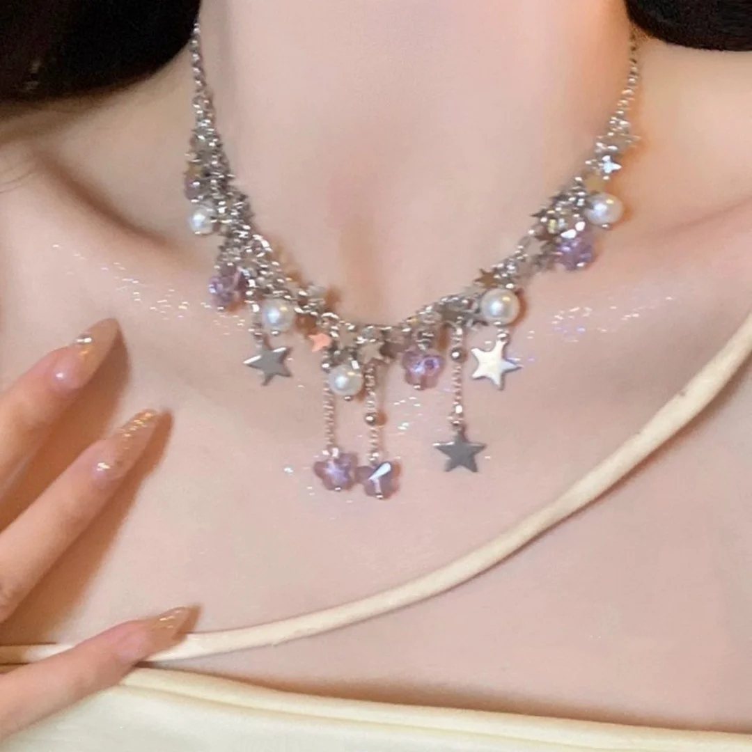 

DUTRIEUX Y2k Sweet Lovely Star Crystal Zircon Pendant Tassel Necklace for Women Girl Chic Pentagram Clavicle Chain Jewelry Gift