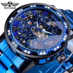 Winner-Montre mécanique en diamant transparent pour homme, modules en acier inoxydable bleu, horloge masculine Shoous Business, marque supérieure, luxe