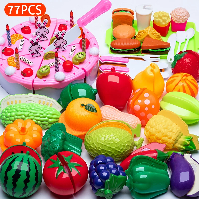 Educational Toy Plastic Kitchen Toy Set Cut Fruit Vegetable Pizza Food Play House Simulation Toys Pretend Play Kids Toys Gifts