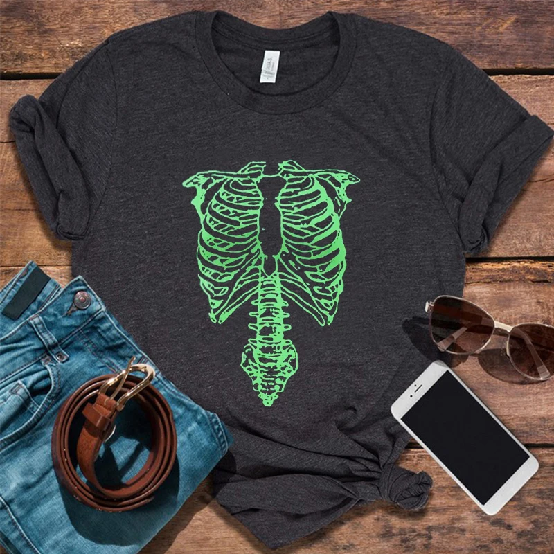 Black The Spinal Skeleton T-shirt Gothic Clothing Skeleton Pattern Shirt Unisex Shirt Summer Aesthetic Women Clothes