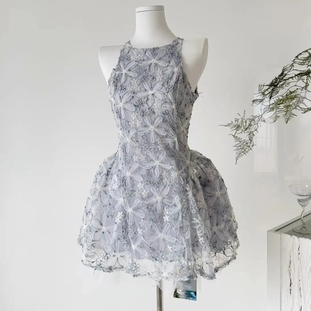 

Embroidered Floral Mesh Mini Dress Women Sleeveless High Waist Party Dress Fashion Elegant Short Dress Grey Vestidos Mujer