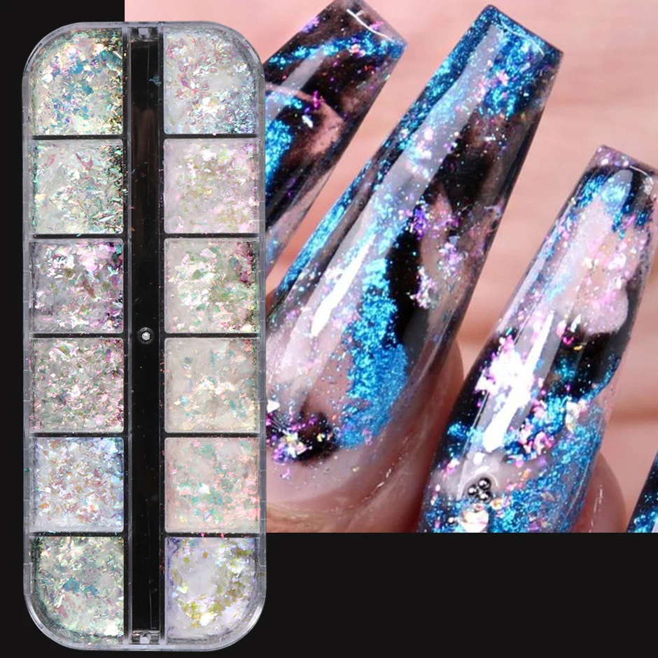 12 Grids Holographic Opal Fire Flakes Nail Art Paillette Translucent Aurora Iridescent Glitter Set Nail Decoration Powder SAJDP