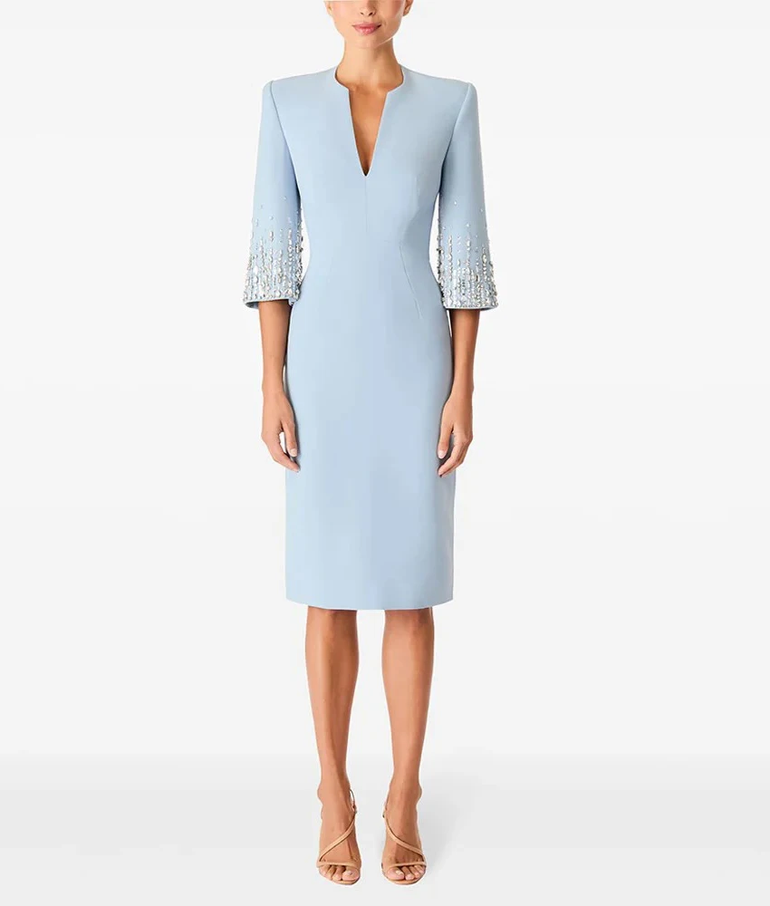 

MCDV Customized Luxury Jersey Straight Crystal Beading Evening Dress Temperament V-Neck 3/4 Sleeves Bespoke Occasion Gowns