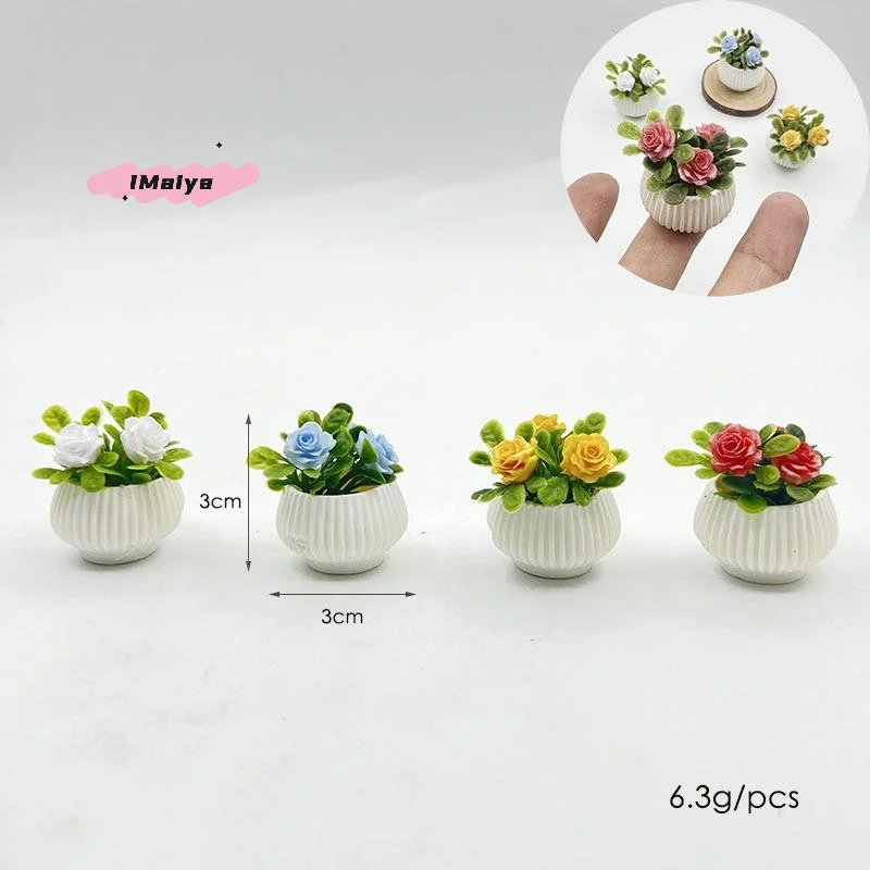 M-1Pcs Doll House Living Room Scene Decoration Mini Rose Plant Potted Plants Model Miniature Landscape Handicrafts