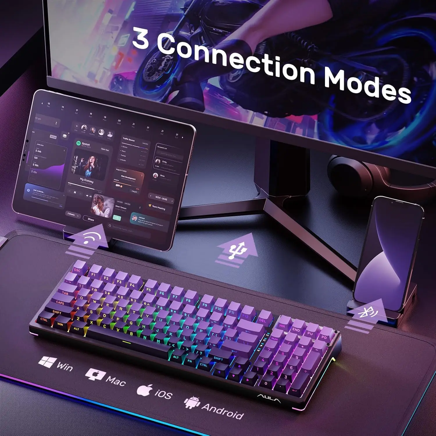 AULA F98 Gaming Mechanical Keyboard Full-size Three-mode Bluetooth/2.4G/USB-C Backlight 99 Keys Customized keyboard for PC MAC