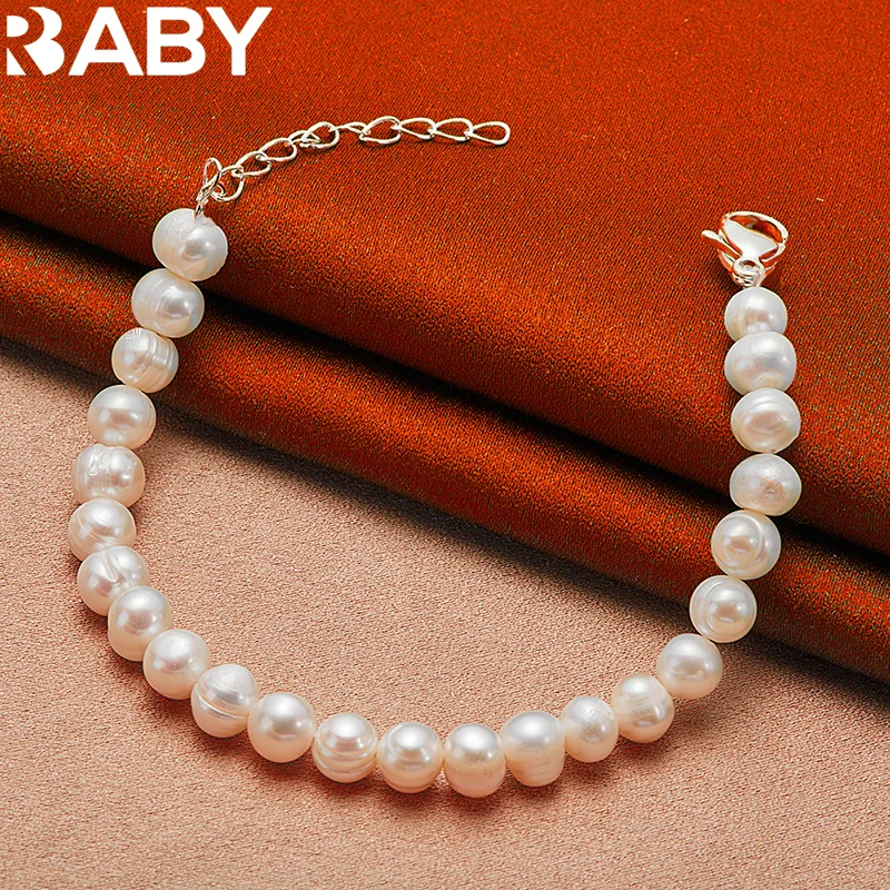 

URBABY 925 Sterling Silver 7-8mm Artificial Pearls Bracelet Chain For Woman Charms Wedding Engagement Party Jewelry Gifts