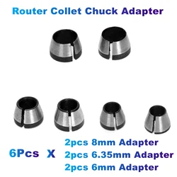 6 pçs/lote roteador pinça chuck adaptador 6mm 6.35mm 8mm para aparar máquina de gravura, cortador madeira conversores aperto