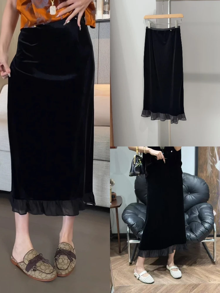 

Юбка-миди Ele с высокой талией и бархатом и кружевом в стиле пэчворк для женщин, нежная повседневная одежда Sle Ci для поездок на работу