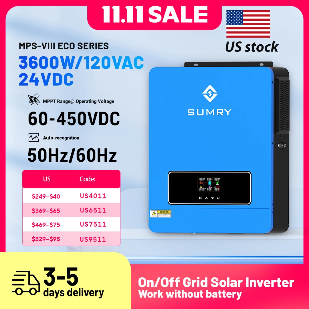 

SUMRY Солнечный инвертор 3,6 кВт, 24 В, 120 В, чистая синусоида, инвертор включения/выключения, MPPT 110 А, зарядное устройство для контроллера, 120 А, для домашнего использования