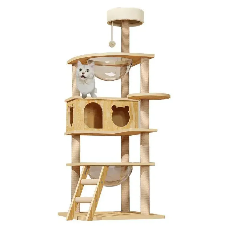 Tower Condo Cat Play Furniture Toys House Wooden For Cats Tree With Tunnel Wood Cats Accessories Wheel Exercise