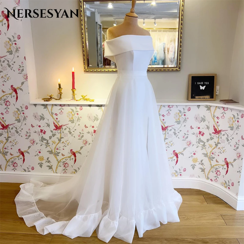 

Nersesyan Elegant Mermaid Wedding Dresses Draped Off Shoulder Side Slit Bridal Gowns With Tulle Overskirt Backless Bride Dress