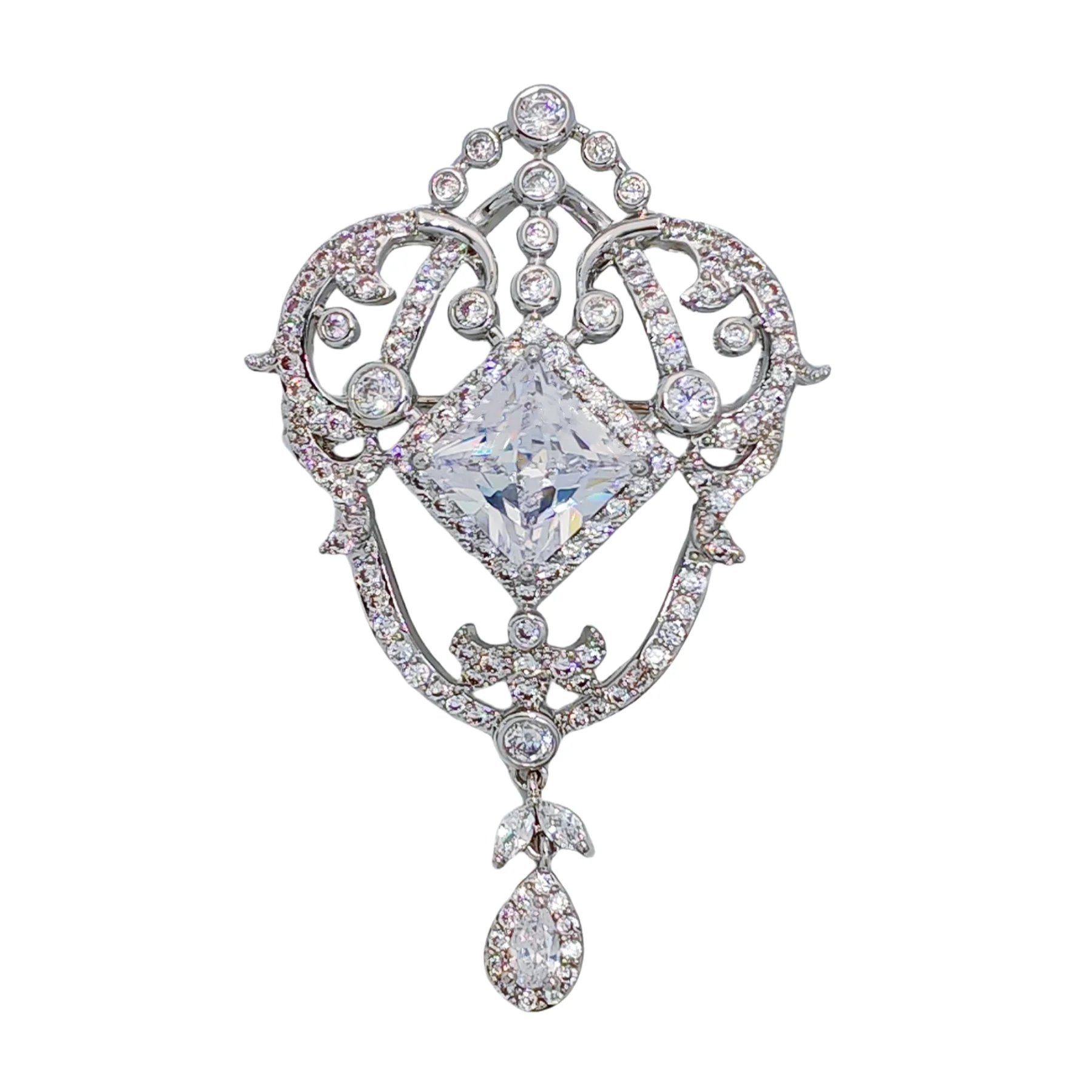 

Magnificent Silver tone Opens Garland Style Square Stone Accent Brooch with Pear Drop