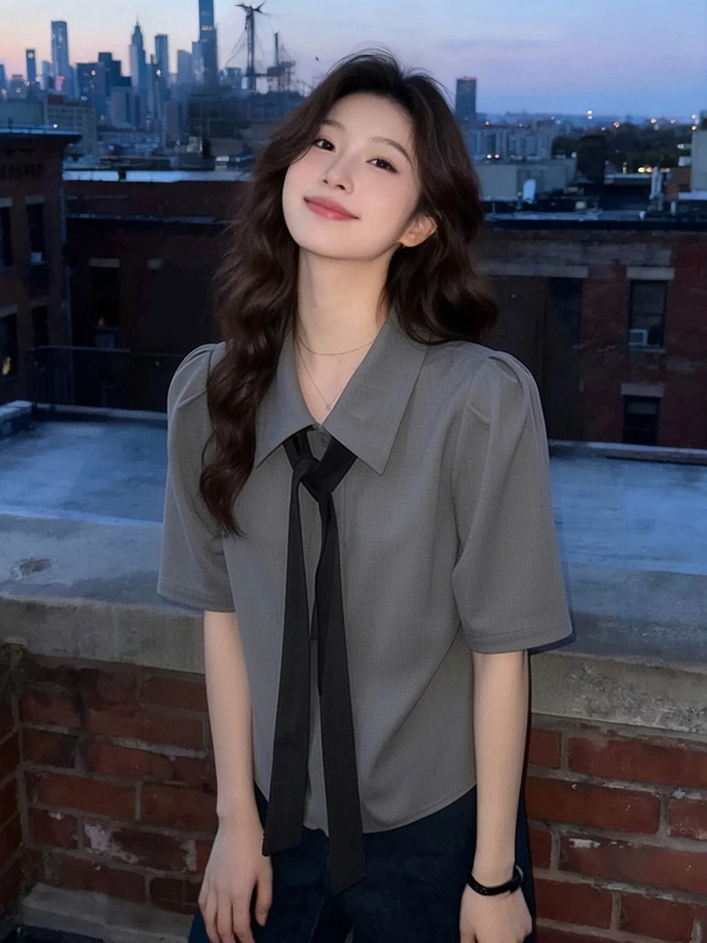 

Fashionable Preppy Style Women's Shirt Short Sleeve Tie Neck Slimming Age-Defying Versatile Top Quality Chinese Production