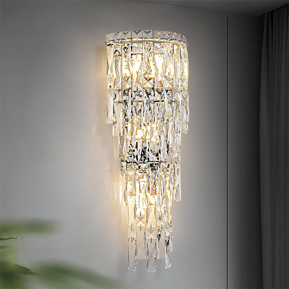 Home Wall Light / Indoor Staircase Light – Modern Silver Crystal Wall Lamp; suitable for bedrooms, living rooms, hallways, and dining rooms; indoor LED wall light for bathroom lighting and décor (bulb not included).