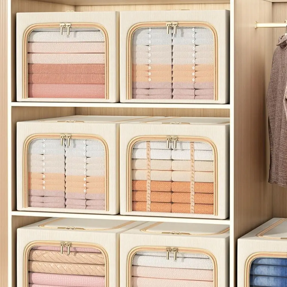 

Clear Window Steel Frame Storage Box Foldable Dustproof Clothes Storage Box Large Capacity with Handles Wardrobe Organizer