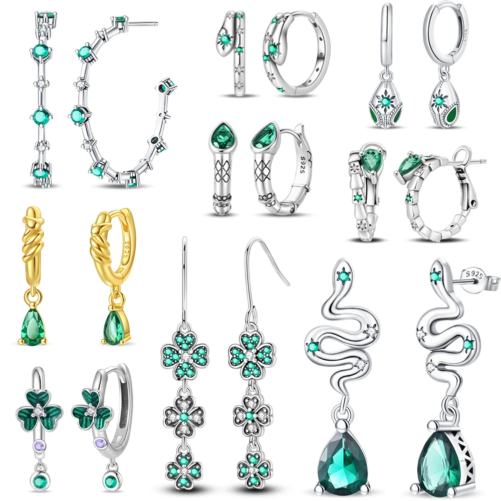 

2025 New 925 Sterling Silver Green Zircon Snake & Lucky Clover Big Hoop Earrings For Women Birthday Earrings Gift