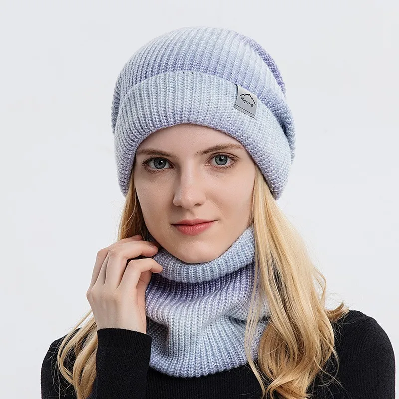 Women\'s Autumn and Winter Knitted Hat Scarf Set Gradient Color Thickening Windproof Cap Wool Warm Ear Protection Cap Neckerchief