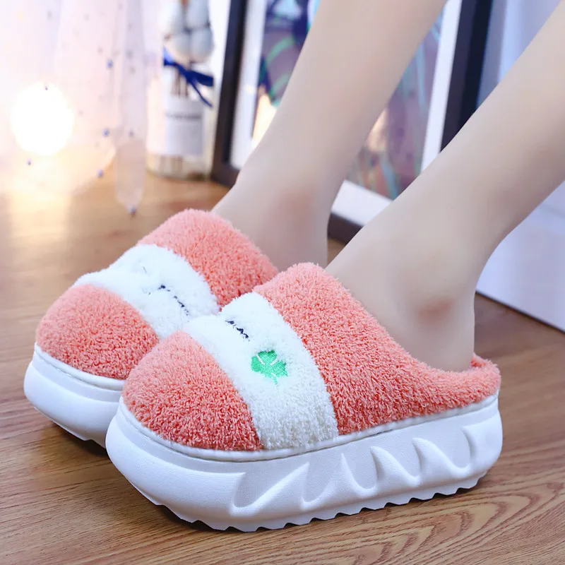 Green Leaf Thick Sole Furry Slippers Girls Indoor Flip Flop Winter Slides Fuzzy Slippers Woman Platform Home Shoes Warm Slippers