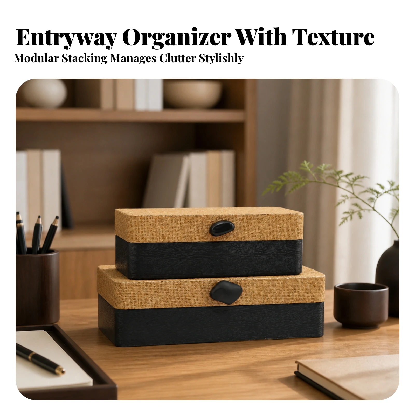 2 Pieces Wooden Storage Box with Woven Exterior Lidded Decorative Tabletop Storage Box with Wood-Grain Panels Structured Sturdy
