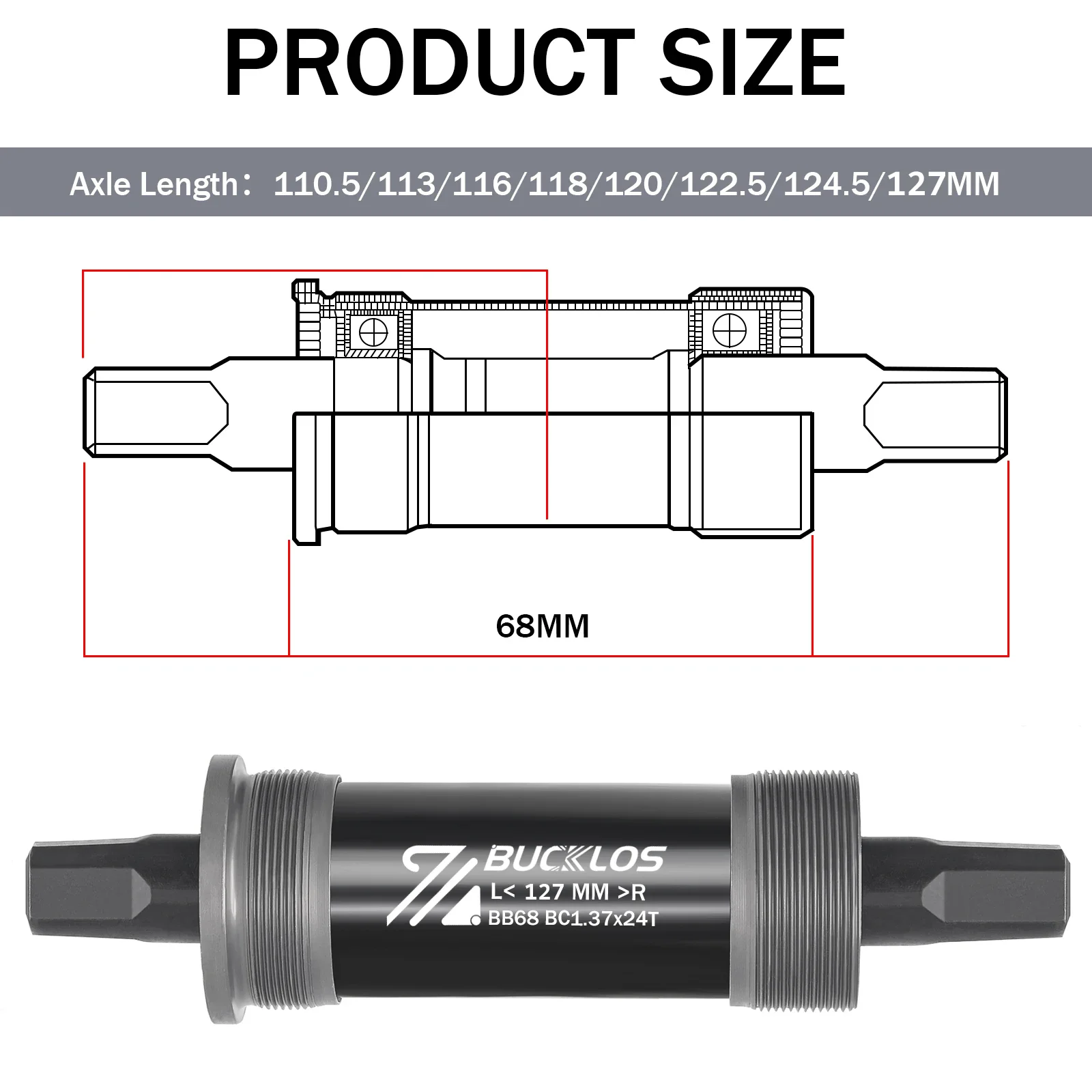 BUCKLOS Bike Bottom Bracket BSA BB68 Square Threaded Bottom Bracket Bicycle Hollow Axle for MTB Road Folding Bike E-Bike Part