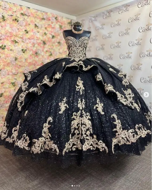 Vestido de baile negro brillante para quinceañera, traje de lentejuelas con cuentas de Gillter, con cordones, corsé para baile de graduación, 15 años, 2023