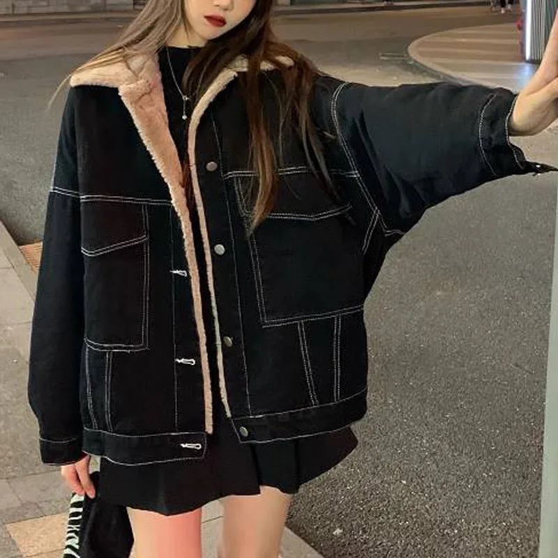 Mulheres denim casaco grosso lapela sólida jaquetas manga cheia único breasted y2k jaqueta solta base casacos bolsos casual inverno 2025