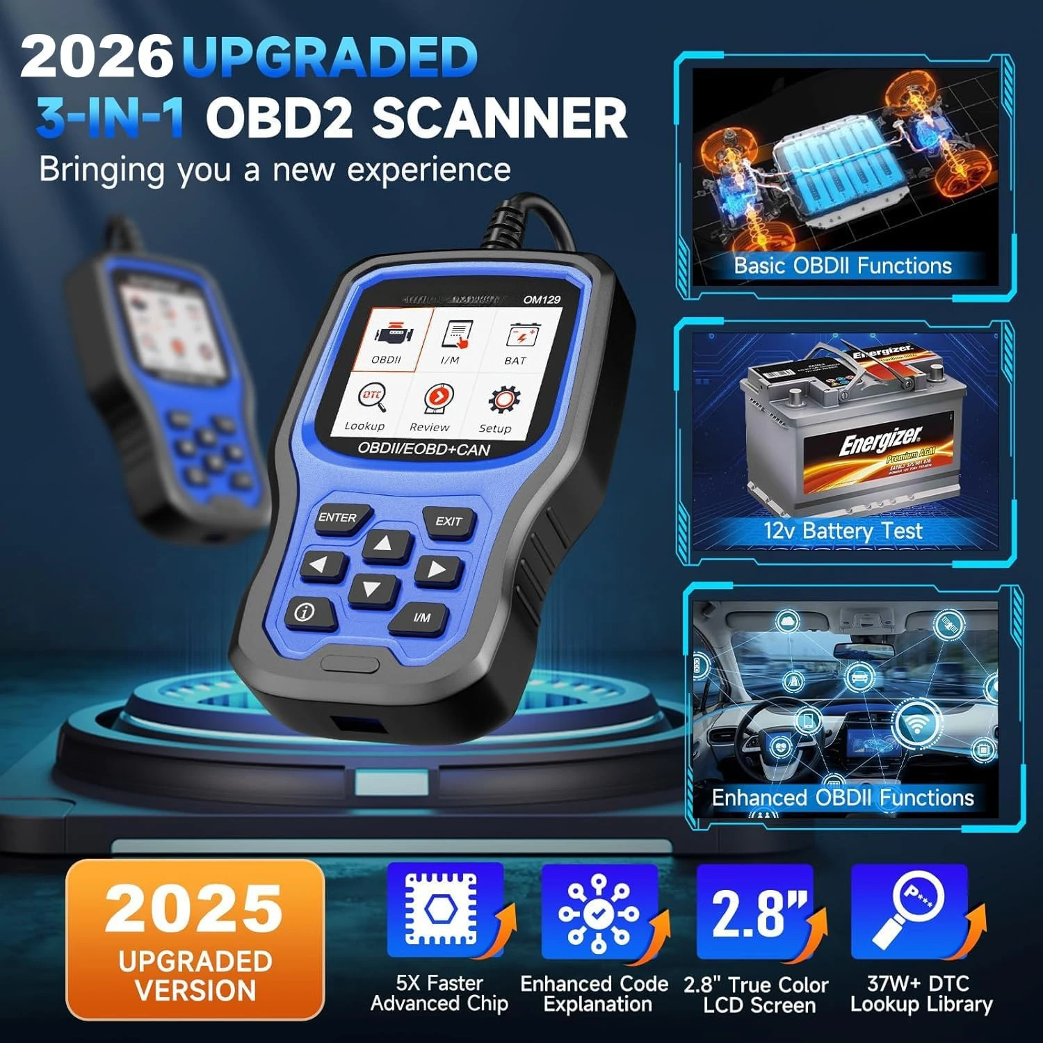 OM129P OBD2 Scanner, Check Engine Light Code Reader with Live Data, Car Scanner, Pass Smog Test and 12V Battery Test