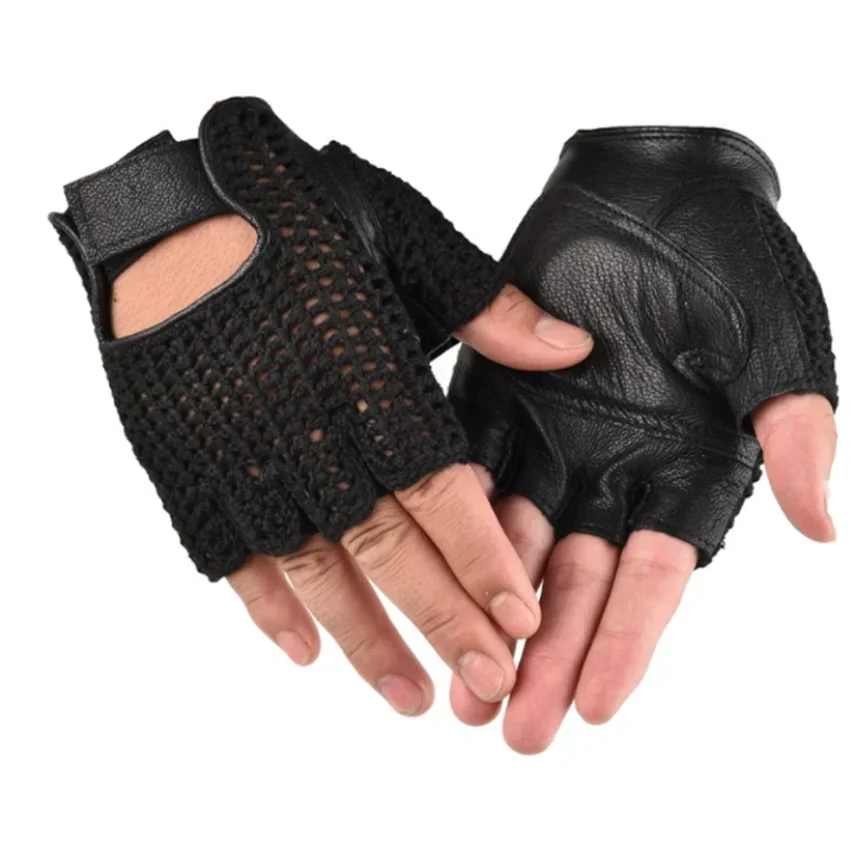 Leather Mesh Fingerless Gloves Motocross Fishnet Car Driving Tactical Gloves Motorcycle Accessories Work Cycling Men\'s Gloves