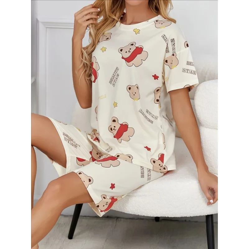 Pyjama à manches courtes pour femmes, Short, costume ours de dessin animé mignon, pull à col rond, vêtements de nuit, Style européen et américain