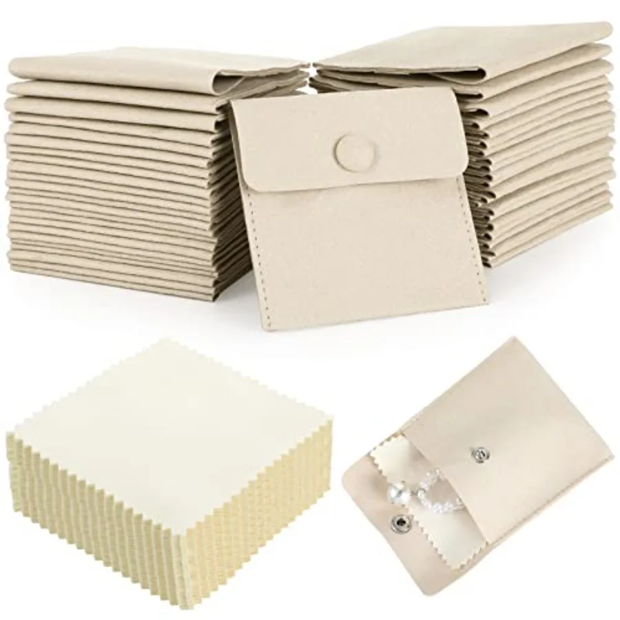 

120 Pack Microfiber Jewelry Pouch with Cleaning Cloth 3.2x3.2 Jewelry Packaging Bag with Snap Button Bags Beige