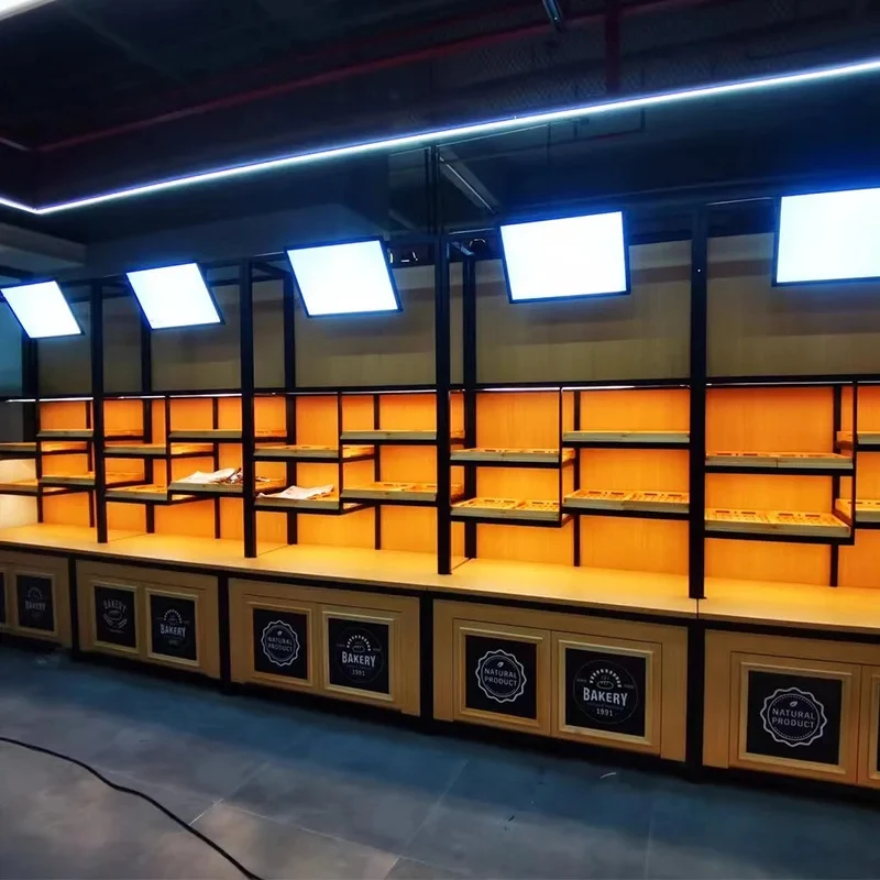 custom.Bread Design Customized Curved Commercial Bread Display Cabinet Trolley Rack Bakery Cake Island Side Display Cabine