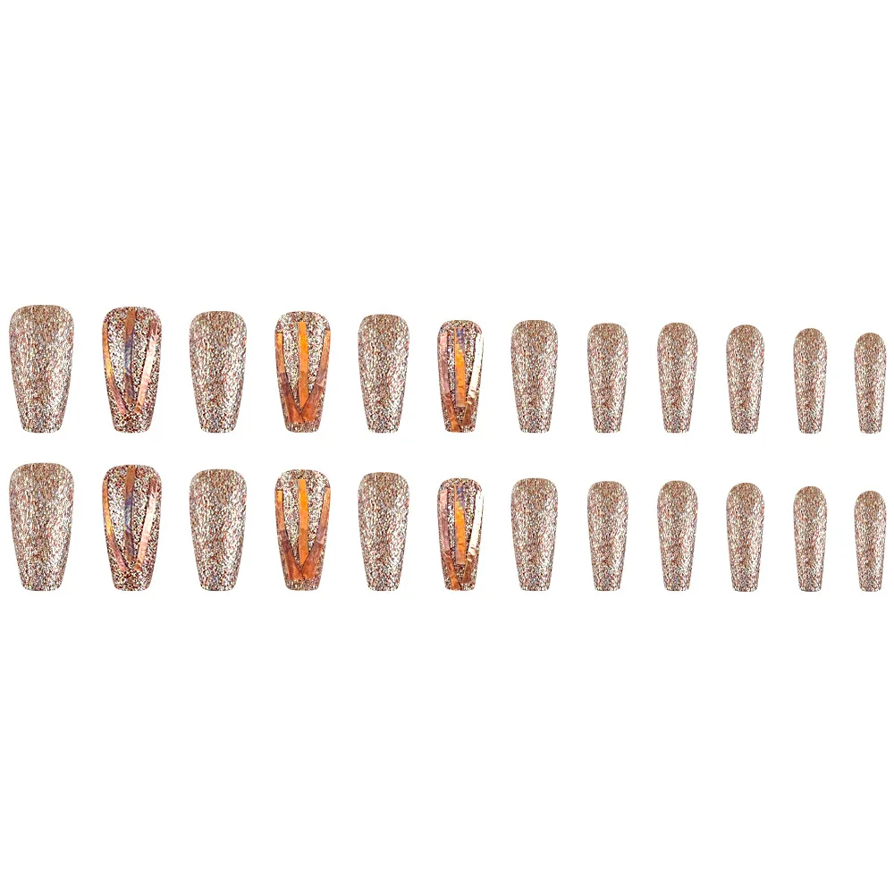 24 unghie a pressione Sweet & Edgy con glitter dorati puri e strisce colorate, forma lunga a bara, dimensioni assortite