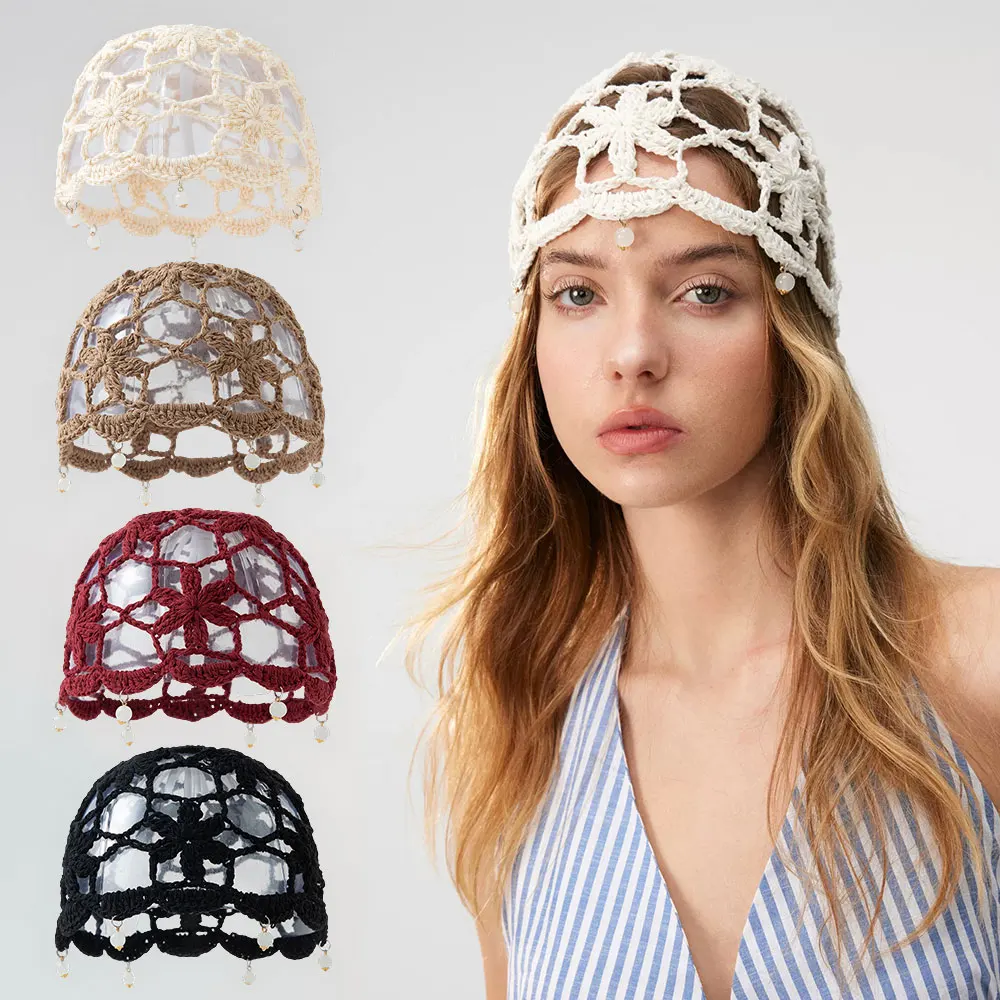 2026 New Women Summer Beanies Flower Hollow Mesh Crochet Hat Beanies Breathable Woven Pearl Beaded Decorative Cap Bohemian Style