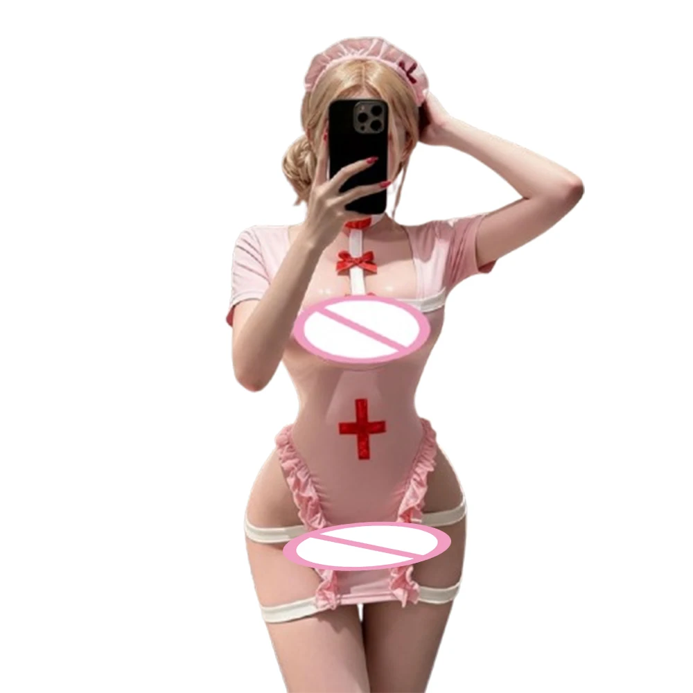 Sweet Nurse Cosplay Costume Women Short Sleeve Pink Uniform Dress Anime Role Play Outfit Halloween Party Ladies Casual Dress Set